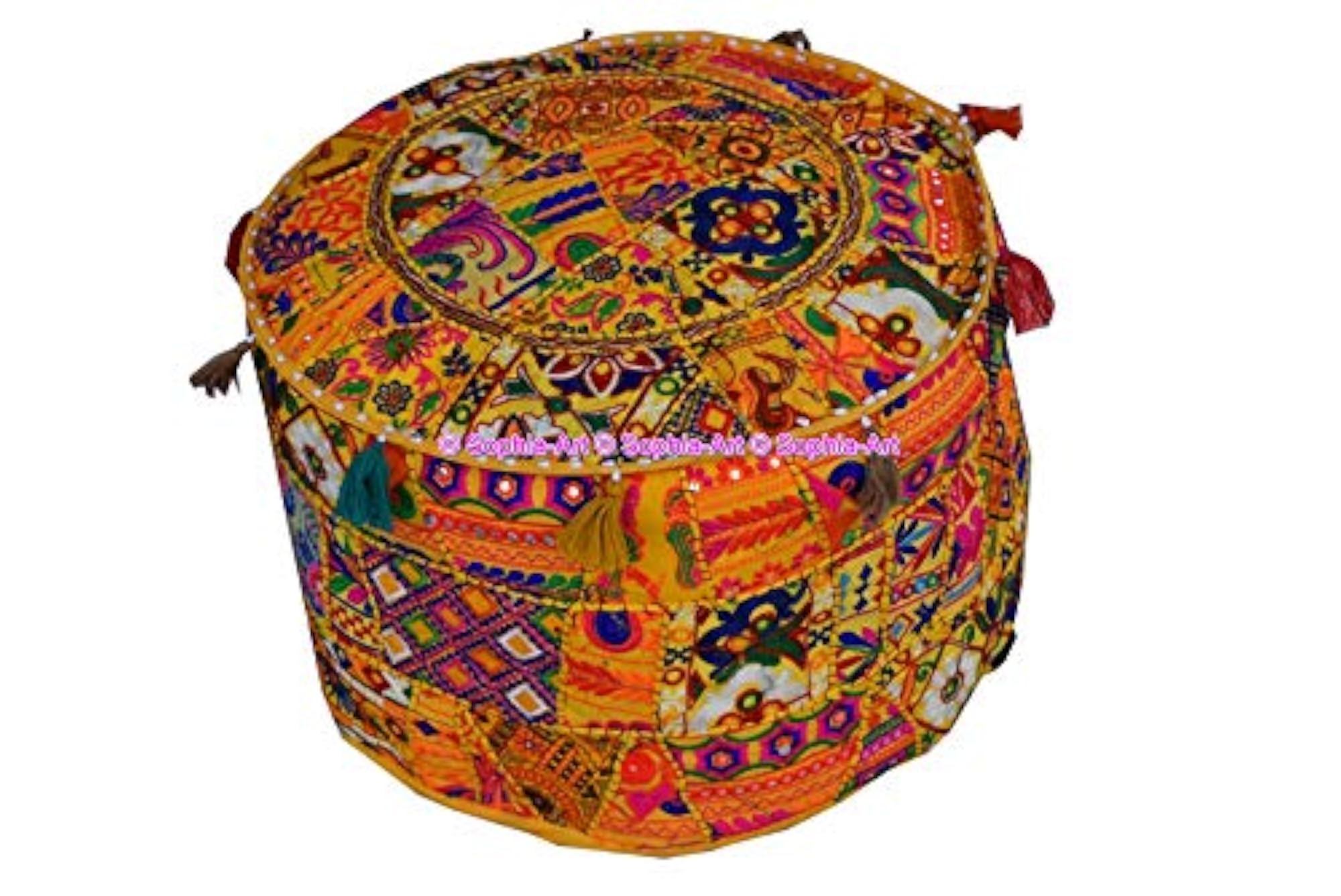 Indian Embroidered Patchwork Decorative Pouf, Comfortable Cotton Cushion