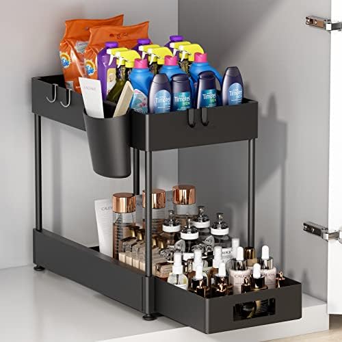 Underneath Sliding Sink Organizer, Underneath Toilet Sink Organizers and Storage, 2 Tier Pull-Out Underneath Cupboard Organizer, Multi-purpose Underneath Kitchen Sink Group and Storage Racks (Black)