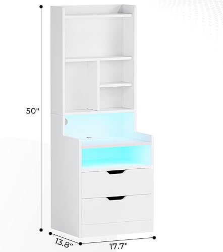 Miniatura 2 de ADORNEVE Juego de 2 mesitas de noche altas, mesita de noche LED con estación de carga, mesita de noche con estantería y cajones, mesas auxiliares