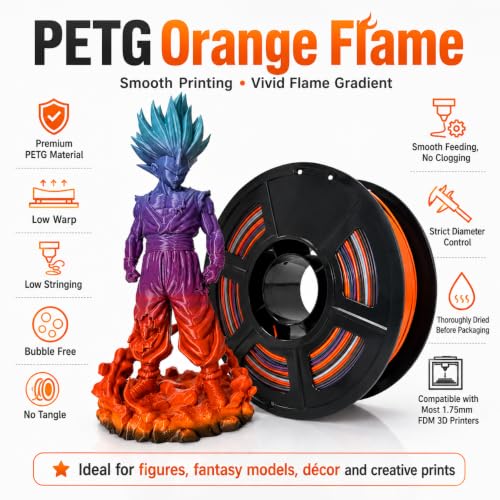 Image of PETG Orange Flame Filament 1.75mm, Orange Black Gray Multicolor 3D Printer Filament, Flame Gradient PETG Filament, Smooth Printing, Low Warping and Stringing, No Tangle, 1kg