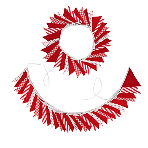 Image of Zwiebeco 32Ft Red White Plaid Stripe Dot Fabric Bunting Banner Triangle Flags Cotton Garland Pennant for Birthday Wedding Engagement Carnival Party Classroom Nursery Home Outdoor Garden Decorations