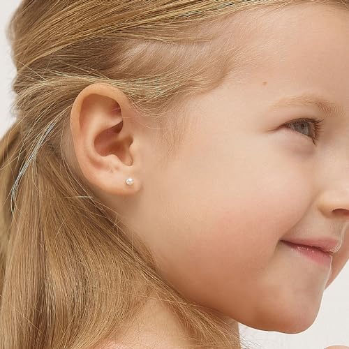 Gold Plated Classic White Simulated Pearl Safety Screw Back Earrings for Girls - Traditional White Simulated Pearl Earrings for Infants, Toddlers, and Little Girls3