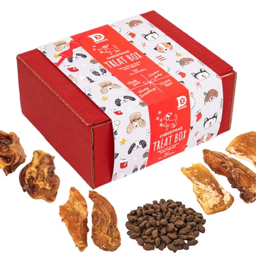 Dewkes Natural Dog Treat Box for Christmas | Grain-Free Treat Selection with Turkey & Cranberry, Chicken Jerky, Beefy Chews, Porky Scratchings & Fishy Bites | Hypoallergenic Festive Dog Gift Hamper