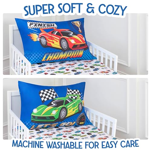 Image of Todays Kids 2-Piece Race Cars Bedding Toddler Sheet Set - Breathable 100% Soft Brushed Microfiber Polyester, Standard Size Crib Sheet Set - Gentle on Delicate Skin - Fitted Toddler Sheets & Pillowcase