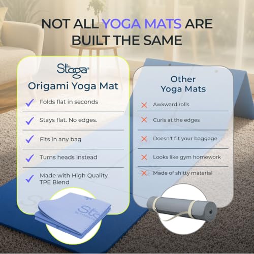 Image of Stoga Origami Foldable 6mm Yoga Mat | Non-Slip | Mat for Men & Women | Lightweight, Sweat-Resistant, Eco-Friendly TPE Mats with Carry Strap | Best Yoga Mat for Home, Travel & Gym (Blue)