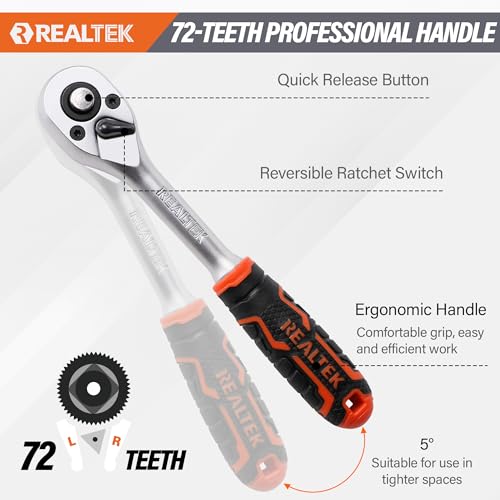 REALTEK 66 Piece 1/4 Inch Drive Socket Set, Ratchet Wrench Set with Bit Socket Set, 72 Teeth Quick Release Reversible Ratchet Set with Flexible Extension Rods for Auto Repairing and Household 3 REALTEK 66 Piece 1/4 Inch Drive Socket Set, Ratchet Wrench Set with Bit Socket Set, 72 Teeth Quick Release Reversible Ratchet Set with Flexible Extension Rods for Auto Repairing and Household - Image 3