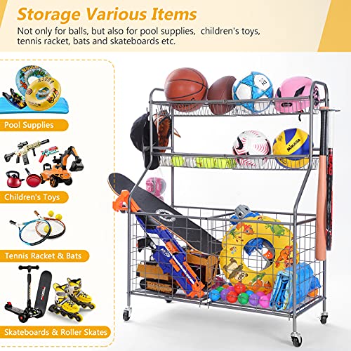 Image of Kinghouse Rolling Sports Equipment Organizer with Wheels, Garage Ball Storage Rack for Basketball, Toys, for Garage, Indoor, Gym, Outdoo, Includes Metal Storage Bin, Bat Holder, Hooks