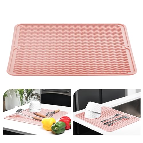 KitchenRaku Abtropfmatte 40x45cm , Geschirr aus Silikon hitzebeständiges rutschfestes Abtropfmatte Spüle,Spülmatte Abtropfunterlage,Tischset (Blassrosa)