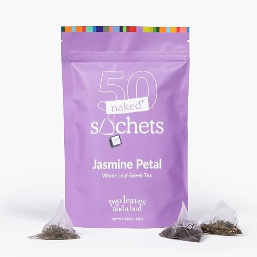 Two Leaves and a Bud Jasmine - 50 sobres de té desnudo, té verde de hoja entera en sobres compostables ecológicos sin envolver, bolsa resellable, 50