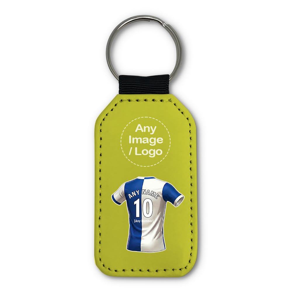 UNIGIFT Personalised Gift - East Lancashire Fan Yellow Rectangle Keyring (Blue and White Halves Football Jersey Design) Custom Name Keychain - Lancs BB2 Club
