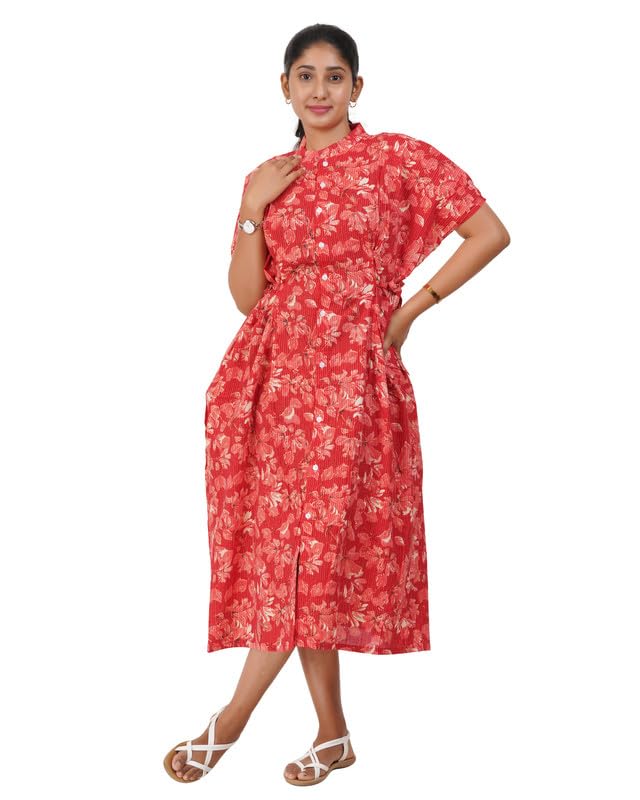 Image of Women's Cotton Full Front Open Dress | Mandarin Collar Button-Down | Darted Waist with Multi Tie-Up | Calf Length | Maternity, Feeding, Elderly & Hospital Wear | Sizes L-3XL