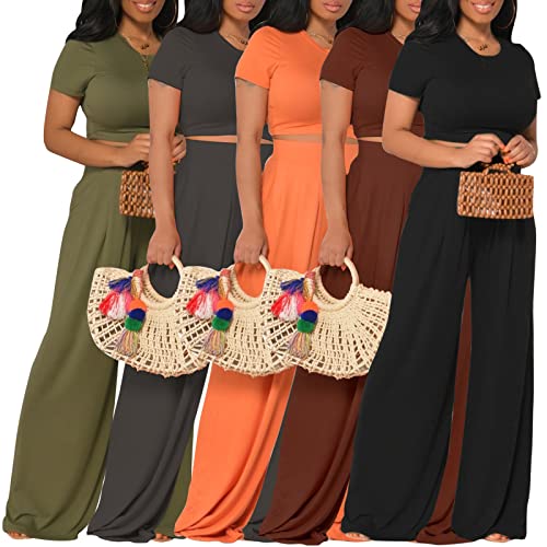 Image of Casual Summer 2 Piece Outfits for Women Crop Top High Waist Pants Sets