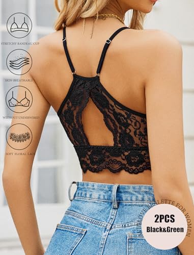 Image of Avidlove 2Pcs Lace Camisoles for Women High Neck Bralettes Racerback Adjustable Lingerie Crop Top,Black&Green,XX-Large