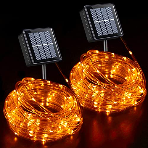 YEGUO Solar Halloween Lights 2 Packs Each 33ft 100 LED String Lights Outdoor Waterproof 8 Modes Fairy Lights in Clear Thin Tube for Camping Fence Patio Garden Trampoline Deck(Orange)