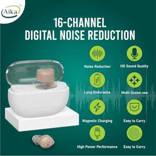 Image of Aika Mini Rechargeable CIC Digital Hearing Aid Sound Amplifier Machine for Old age with Auto Noise Cancellation, Clear Sound and Dry Kit (For Single Ear, Beige)