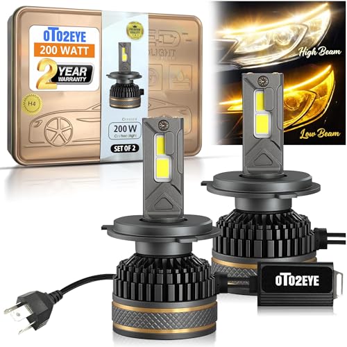 Image of OTO2EYE 200W H4 / H19 LED Headlight Bulbs for Car & Motorcycle | 20000LM | Low Beam Yellow & High Beam Yellow-White |6500K| Dual Color H4 Headlamp | Plug & Play | Pack of 2 | 2 Years Warranty