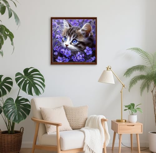 Image of QENSPE Diamond Art Kits for Adults, DIY Kitten Diamond Painting Kits, 5D Adults Full Drill Purple Flowers Diamond Dots for Beginners, Gem Art Crafts Home Wall Decor Gifts 12x12 inch