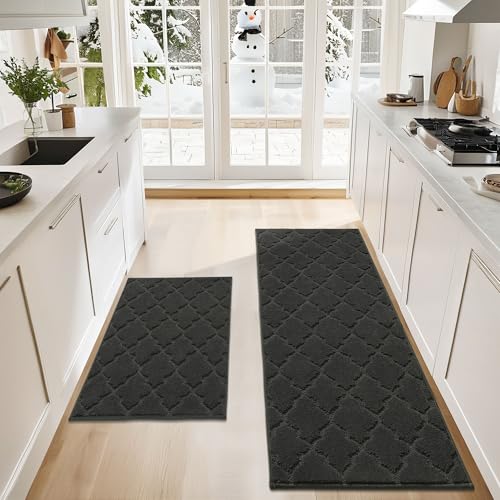 COSY HOMEER Soft Kitchen Rugs [2 PCS] for in Front of Sink Super Absorbent Kitchen Floor Mats and Mats 24x35 Inch/24X60 Non-Skid Kitchen Mat Standing Mat Washable,Polyester,Black Black 24 x