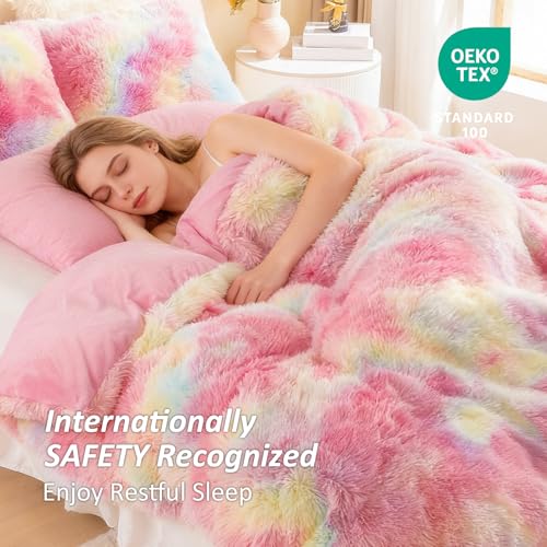Image of EMME Luxury Fuzzy Duvet Cover Set King Size Fluffy Comforter Cover Set for King Bed 2 Pieces Shaggy and Plush Soft Bedding Duvet Covers (Rainbow Colorful Pink, King)