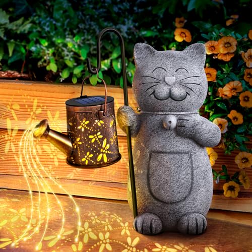 Hinshark Geschenke für Frauen Mama, Katze Garten Deko Gartenstatuen mit Solar Laterne, Geburtstagsgeschenk für Frauen, Gartendeko für Draußen Wetterfest, Geschenke für Frauen Weihnachten