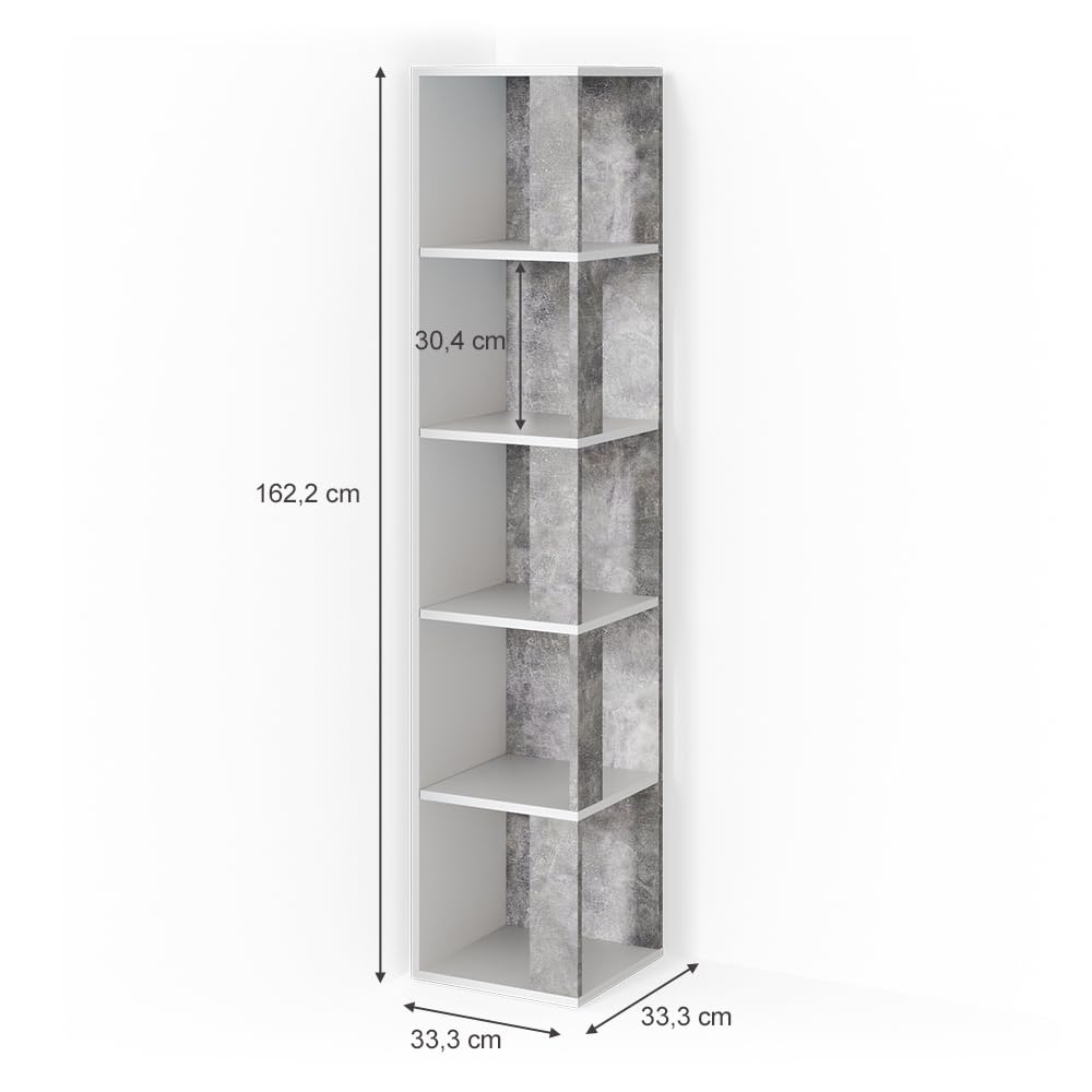 Vicco Étagère d'angle Lio, Béton, 33.3x162.2cm, pour Le Rangement de Livres et d’Objets déco dans Les Coins de la pièce