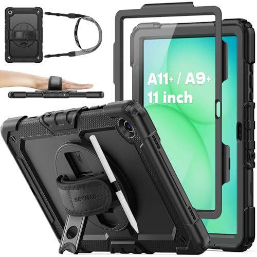SEYMAC stock Hülle für Samsung Galaxy Tab A11+ Plus/A9+ Plus 11 Zoll 2025/2023 Stoßfeste Hülle mit Displayschutz 360 Drehbarer Ständer/Handschlaufe Stifthalter & Schultergurt Schwarz