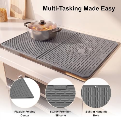 Image of Foldable Silicone Stove Top Cover - 20 inchx28 inch Stove Top Covers for Electric Stove, Glass Top Stove Cover, RV Stove Top Cover & Dish Drying Mat (Gray, 28''x20'')