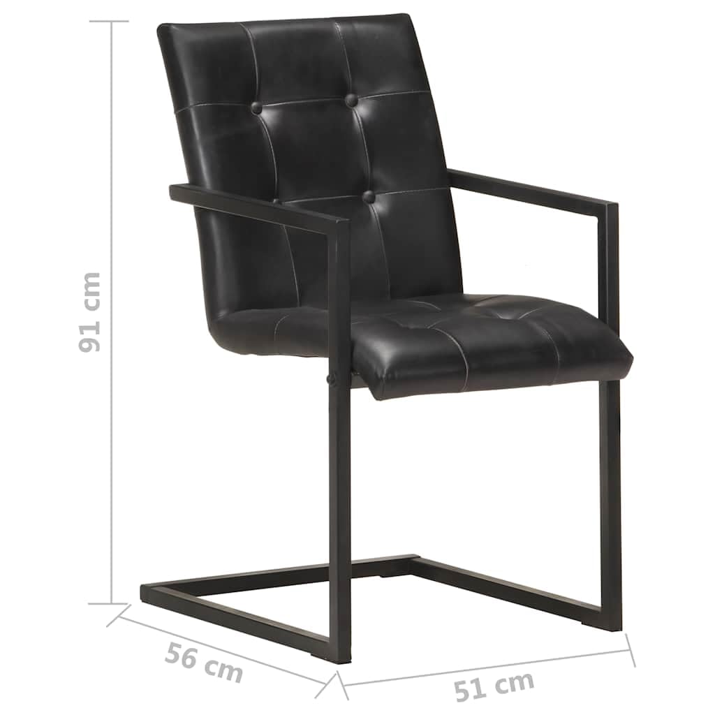 Krzesło na płozach, 2 sztuki, czarne, z prawdziwej skóry, wyściełane, ergonomiczne, z podłokietnikami i stabilnym stelażem stalowym, do kuchni, salonu, jadalni i biura
