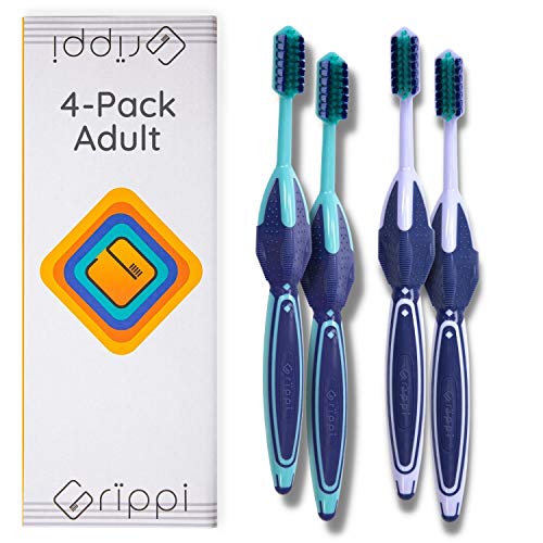 Grïppi Manual Toothbrush | Advanced Plaque Control. 45° Ergonomic-Smart Grip, W-Cut Extra-Soft Bristles. (MD Brush Technology for The ADA Approved Brushing Method), Adult 4 -Pack
