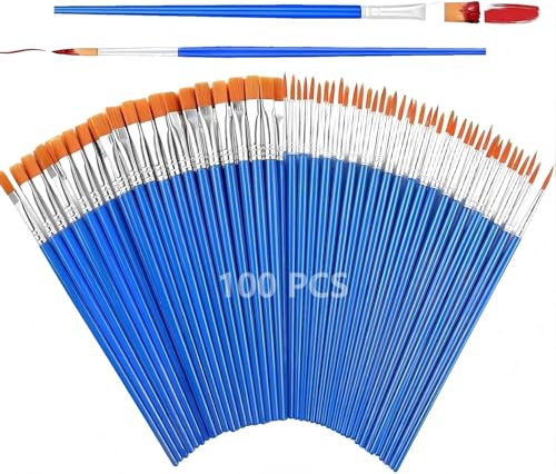 Image of 100 Pcs Paint Brush Set, Small Paint Brushes with 50 Flat and 50 Round Pointed, Brushes for Acrylic Painting, Watercolor, Canvas Face Painting Craft, Ideal for Classroom, Children
