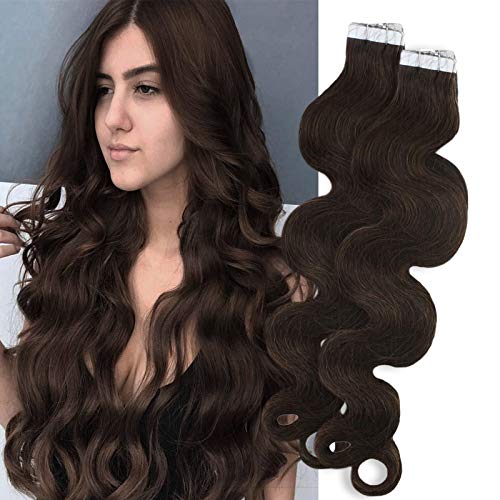 VeSunny Wavy Human Hair Tape in Extensions #4 Brown 20Pcs/50G Remy Body Wave Hair Extensions Tape in Curly Human Hair 14inch
