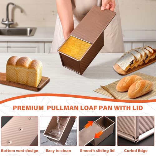 Image of 2 Pack Pullman Loaf Pan with Lid, 1 lb /0.5 lb Dough Capacity for Homemade Bread, Non-stick Corrugated Carbon Steel Bread Toast Box with Cover for Bakeware, Sandwich & Toast Oven Baking, Gold