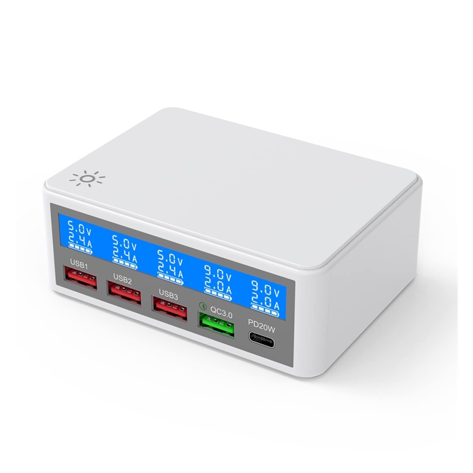 Stazione di Ricarica, Stazione di ricarica rapida USB multi 4 porte da 65 W, hub caricatore da parete QC3.0 PD 20 W a ricarica rapida con LCD for tablet telefono(White)