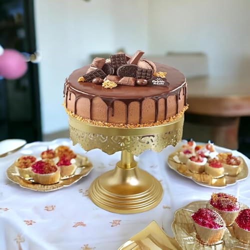 Image of Elegant Gold Cake Stand with Intricate Lace Edge Design, Perfect for Displaying Desserts, Cupcakes, or Pastries at Parties, Weddings, or Special Events, Durable and Stylish, 8-Inch Diameter