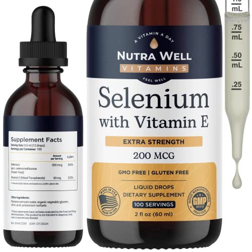 Nutra Well Vitamins Selenium 200Mcg - 100 Servings Liquid Selenium Drops With Vitamin E - Selenium Supplement For Immune Support, Strong Heart, Radiant Skin And Thyroid Support - Selenium Liquid #TOP21