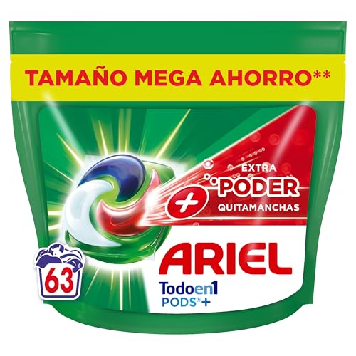 ARIEL PODS Todo en 1 Detergente Lavadora Líquido en Cápsulas/Pastillas, 63 Lavados, Más Poder Extra Quitamanchas, Limpieza Profunda