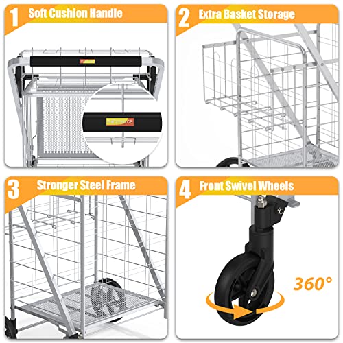 Supenice 7504 Jumbo Shopping Cart With Double Basket Grocery Cart Deluxe Folding Shopping Cart 360°Rolling Swivel Bearing Wheels Super Loading Utility Cart thumb #3