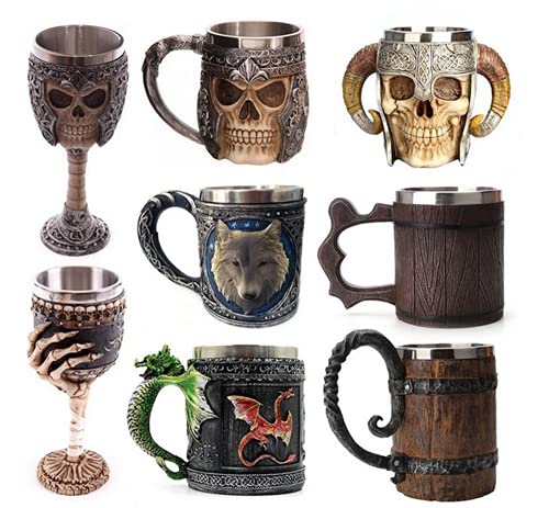 Stainless Steel Double Handle Horn Skull Beer Cup, Viking Warrior Skull Mug Tankard, Medieval Skull Drinkware Mug for Coffee/Beverage/Juice 17oz. (4)
