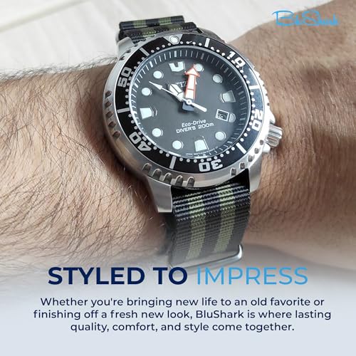 Image of BluShark - Original Collection Military-Style Waterproof Watch Strap, Fits All Timepiece Brands, Durable Nylon Wristwatch Accessories with Stainless Steel Buckle - 18mm, 20mm, 22mm & 24mm Watch Bands