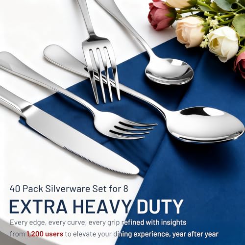 KIKCOIN 40 Pack Silverware Set for 8, Balanced Weight Stainless Steel Flatware Set, Mirror Polished Spoons And Forks Knife Set, Heavy Duty Cutlery Utensils Set for Home Kitchen Restaurant Wedding - Image 4