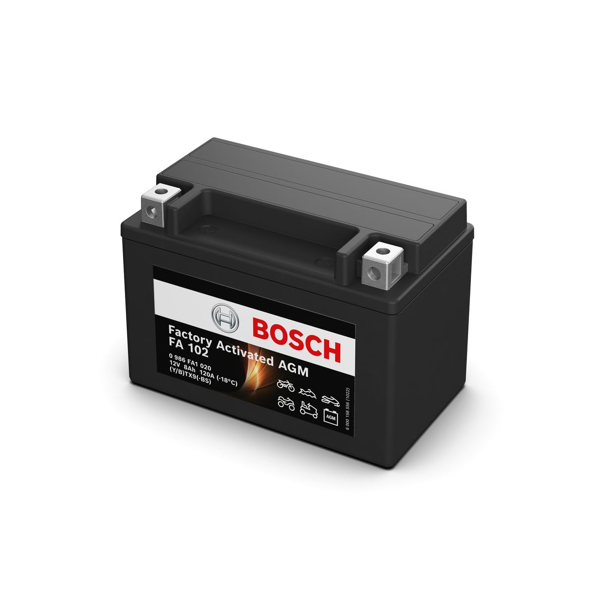 Bosch FA102 - Batteria AGM per motocicli - 12V 120A 8Ah - Adatta per moto, motociclette, enduro, scooter, quad, moto d'acqua - Compatibile M6010, BTX9-BS, BTX9