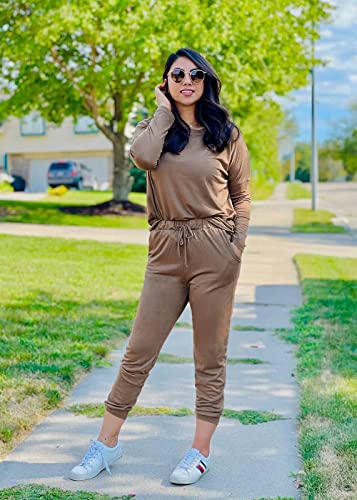 Prettygarden Women's 2023 Fall Two Piece Outfit Long Sleeve Crewneck Pullover Tops And Long Pants Tracksuit (Dark Khaki,Large) #TOP2