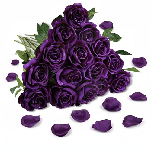 SEKNHOP 16 PCS Roses Artificial Flowers - Fake Silk Dark Purple Rose in Bulk with Long Stems for DIY Home Table Centerpieces Wedding Flower Bridesmaid Bouquets