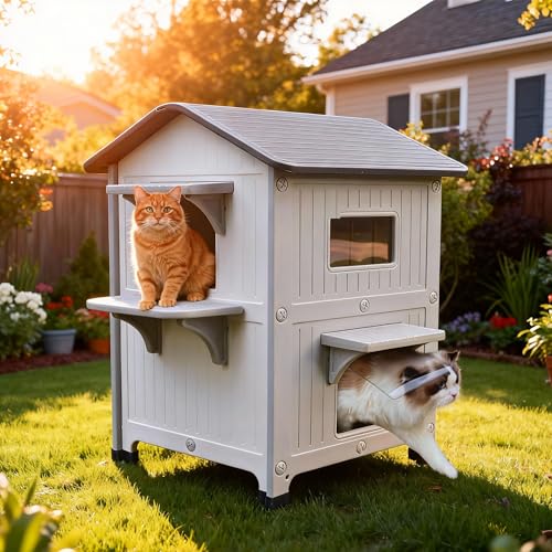 Rockever Plastic Insulated Outdoor Cat House with Escape Door, 2 Story Waterproof Cat House for Outdoor Cats for Feral Cats, Elevated Outside Cat Shelter, Clean and Assemble Easily