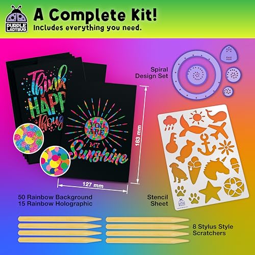 purple ladybug rainbow scratch art paper 79 pcs creative drawing paper amp stencils - arts and crafts for ages 4-12 kids craft activity set for halloween christmas gift birthday party games