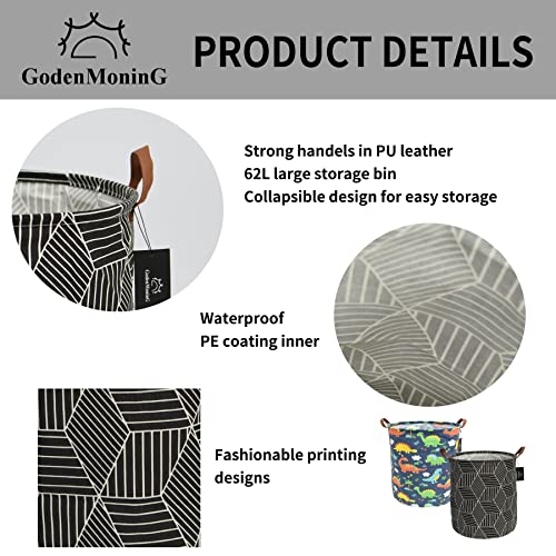 Collapsible Laundry Basket - Godenmoning 2X 62.8L Large Sized Round Waterproof Storage Bin With Leather Handles,Home Decor,Toy Organizer,Children Nursery Hamper.（2 Packs，Black Geometric & Blue Dinosaurs） #TOP3