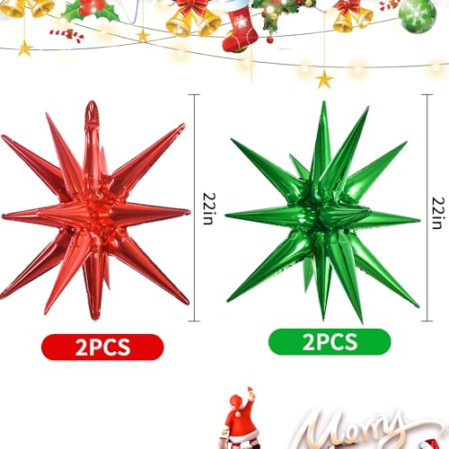 Image of TONIFUL 4Pcs Explosion Star Balloons Red and Green Foil Balloon Party Decor | 22 Inch Large Mylar Star Balloon for Christmas Party Decorations New Year Birthday Wedding Baby Shower Photo Booth Supplies