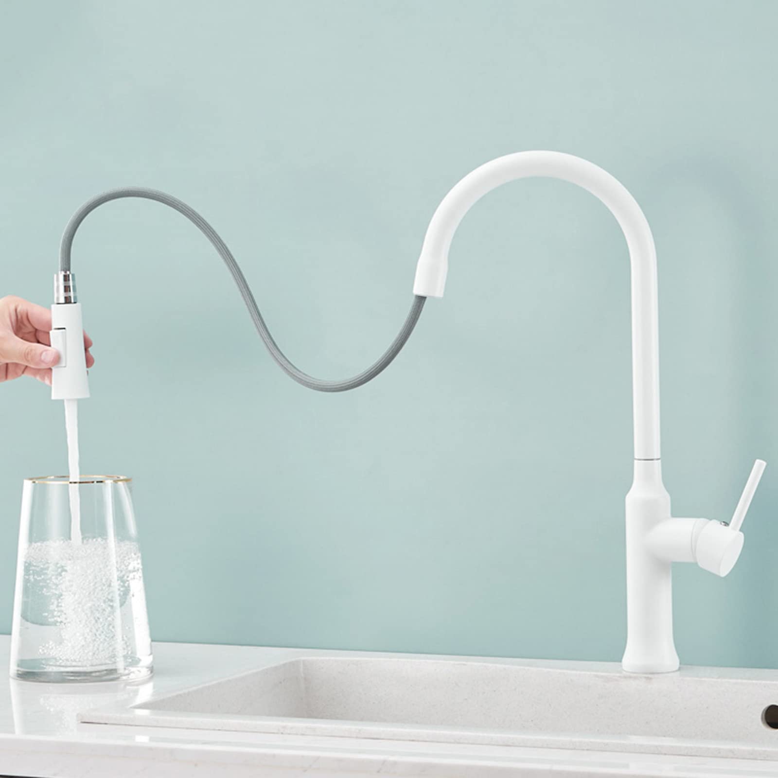 Robinet de cuisine avec douchette extractible en laiton mitigeur pivotant blanc chaud et froid