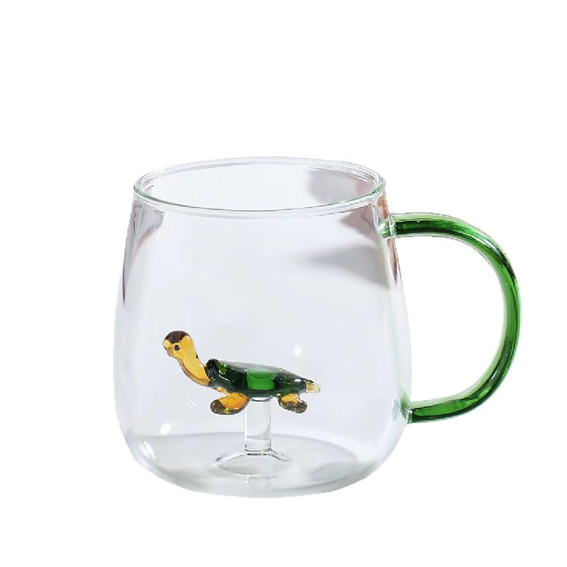JHzood Cute 3D Figurine Glass Mugs with Colorful Handles, High Borosilicate Glass, 400ml, Heat Resistant -10°C to 130°C, Multiple 3D Styles, Suitable for Tea & Coffee (Turtle)