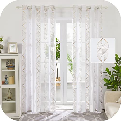 Amazon Brand - Umi Lot de 2 Rideaux Voilage Grande Hauteur Blanc Effet Lin a Oeillet avec Motif Broderie Lin 140x260cm Voilage Chambre Enfant